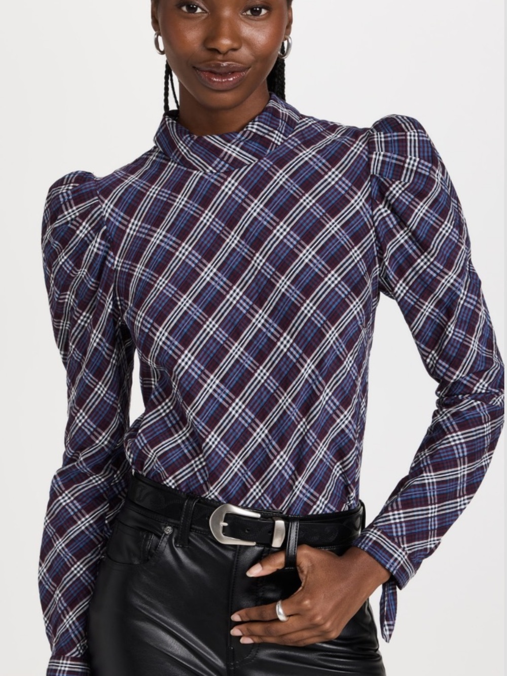 Veronica Beard Plaid Puff-Sleeve Blouse - Navy & Burgundy